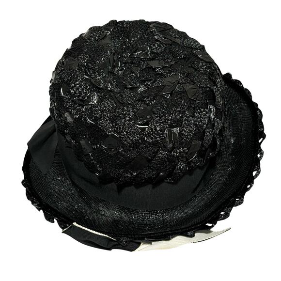 Ladies black straw fedora hat woven white hatband trim bow dressy mid century - Picture 6 of 8